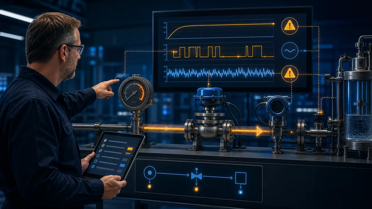 Engineer diagnosing a PID loop with limited output, sticky valve behavior and noisy measurement evidence