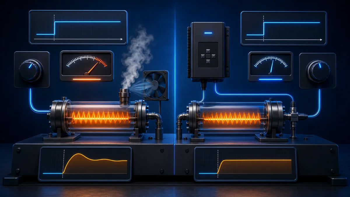 Conceptual side-by-side open-loop heater and sensor-feedback closed-loop heater under a disturbance