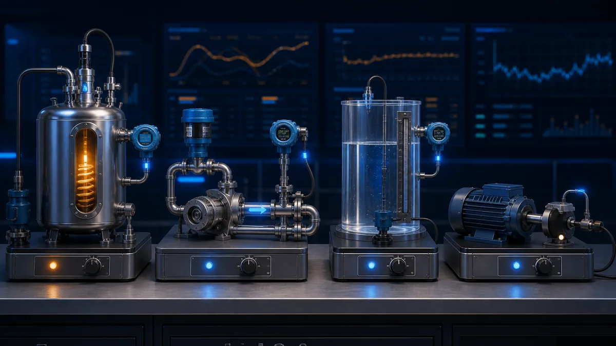 Four vendor-neutral PID training rigs representing temperature, flow, tank level and motor-speed control