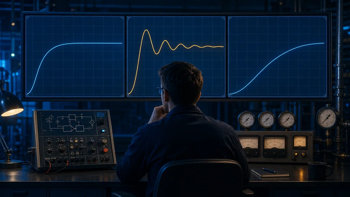 Engineer comparing well-damped, oscillatory and slow PID response curves at an industrial analysis station
