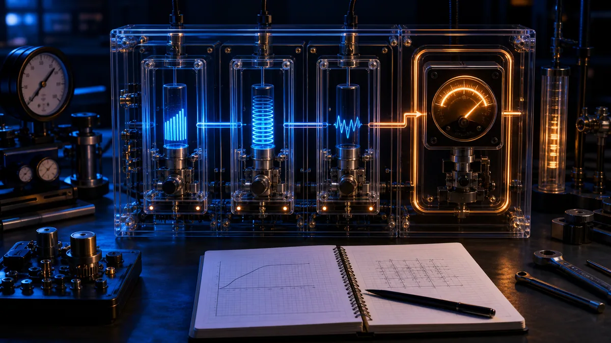 Conceptual PID calculation workbench with present-error, accumulated-error and rate-of-change modules feeding a bounded output