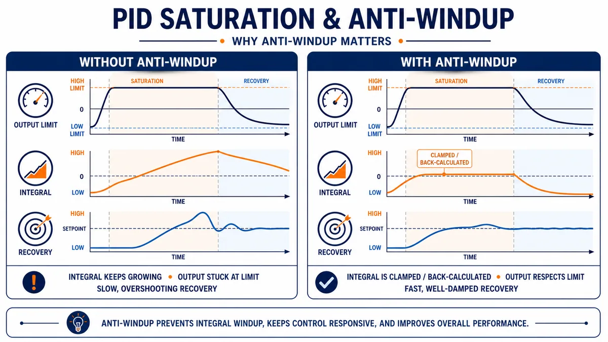 Conceptual comparison of PID saturation without anti-windup and with clamped or back-calculated integral action and improved recovery