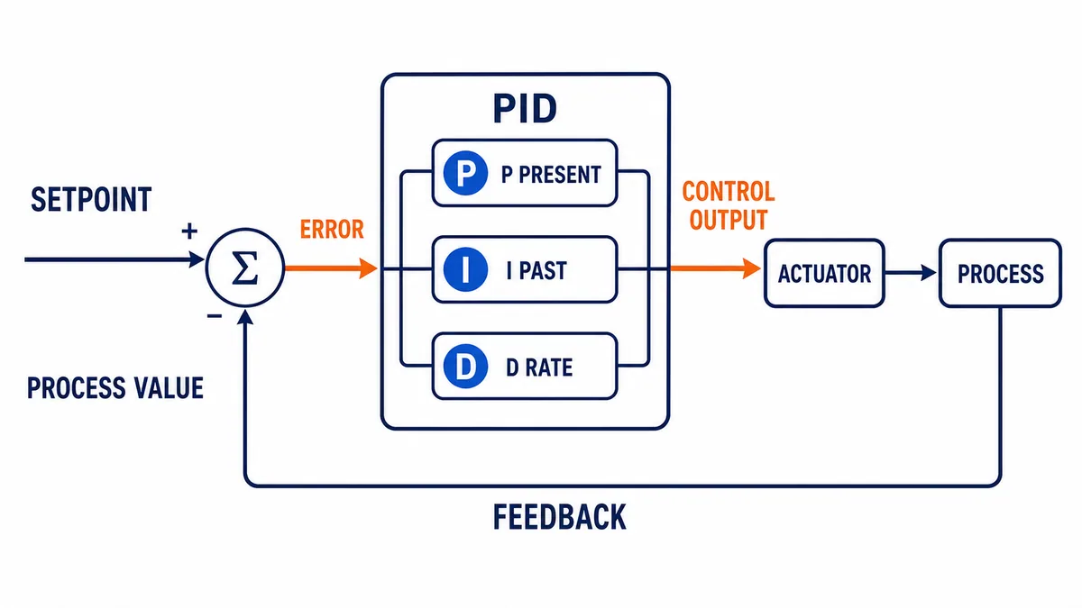 Conceptual feedback loop showing setpoint minus process value as error, proportional present action, integral past action, derivative rate action, actuator and process feedback