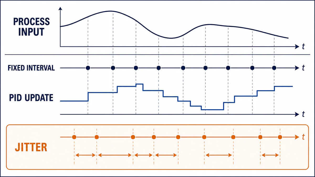 Conceptual comparison of evenly spaced fixed-cycle PID samples with irregular jittered execution intervals
