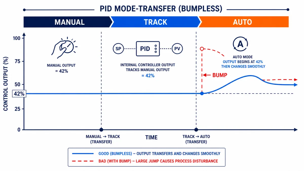 Conceptual PID manual-track-auto sequence showing controller output aligned to 42 percent before a smooth automatic transfer and contrasting an unwanted bump