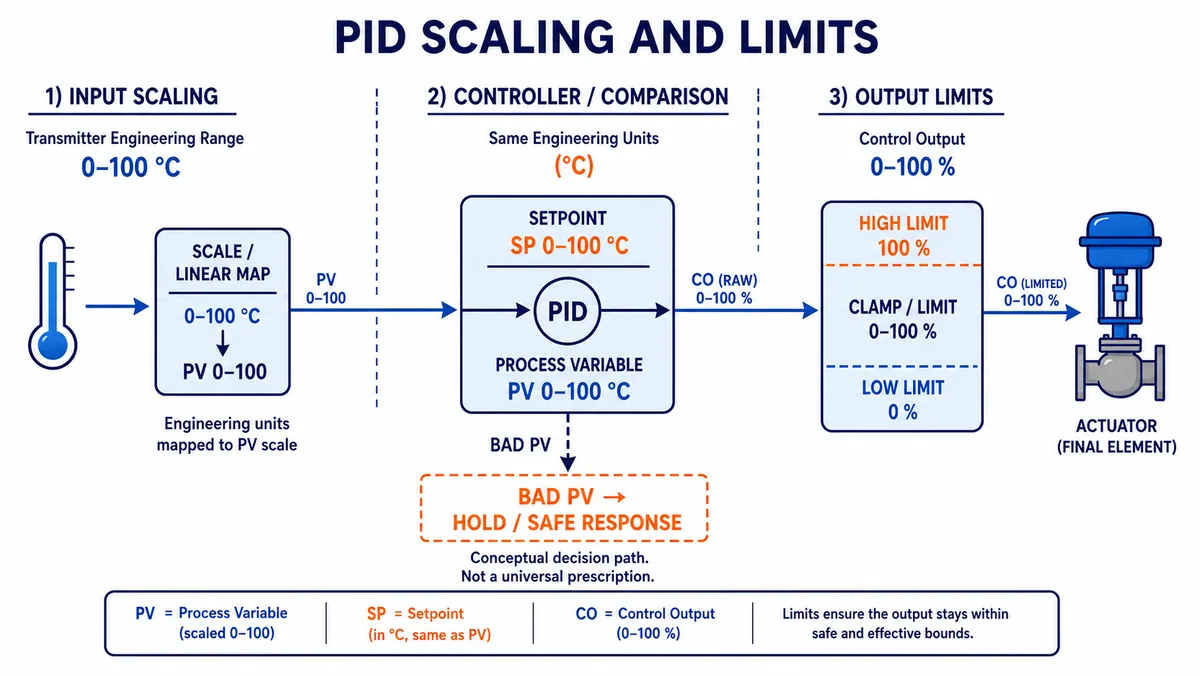 Conceptual PID data path from engineering-unit process-variable scaling through same-unit comparison to bounded control output and actuator