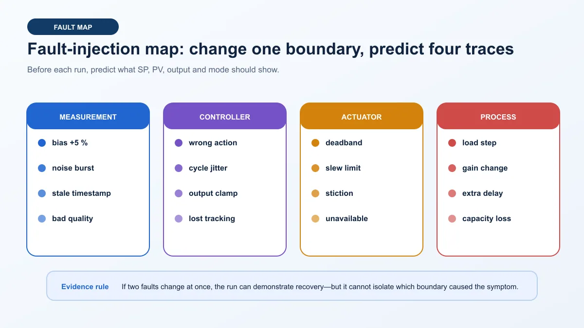 Deterministic PID project fault map grouping bias, noise, timing, action, tracking, deadband, stiction, load, delay and capacity faults by evidence boundary