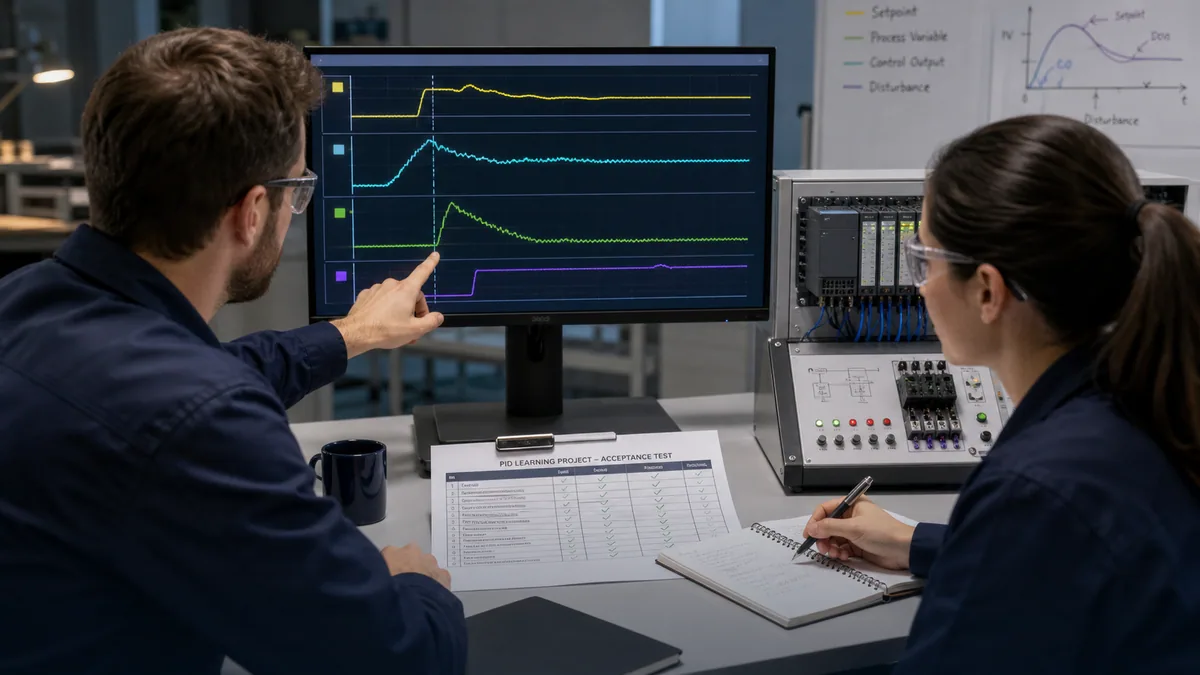 Generated editorial scene of two engineers reviewing setpoint, process-variable, output and disturbance traces beside a PLC training rig and acceptance-test matrix