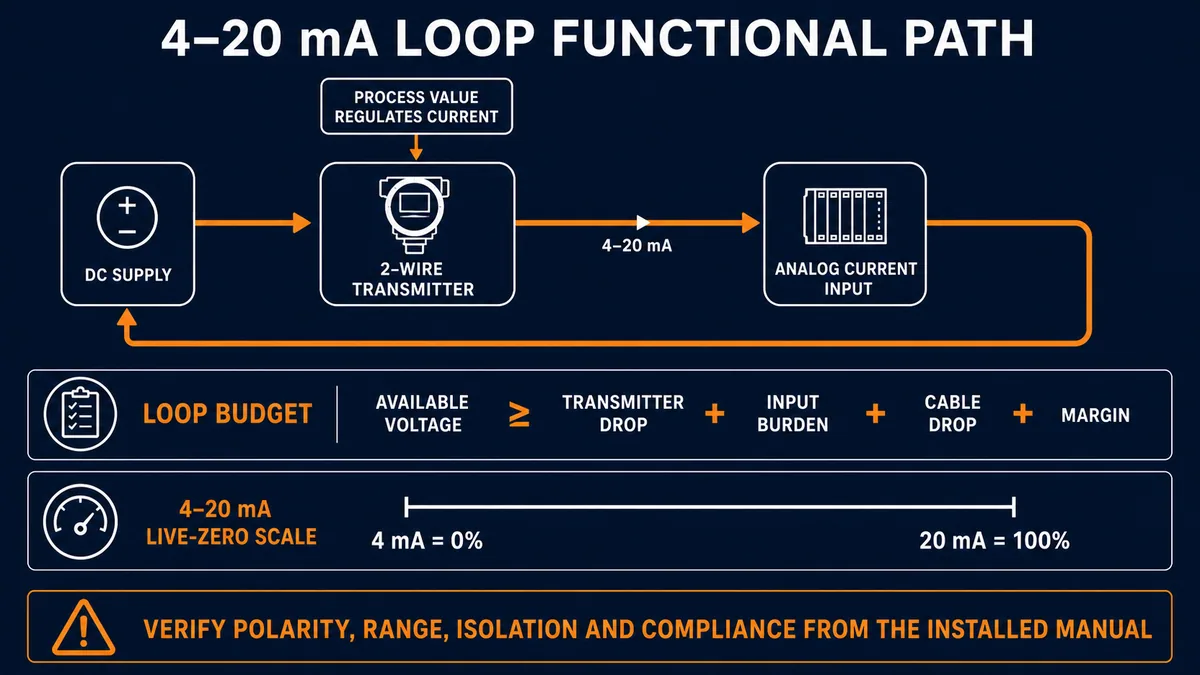 Conceptual 4–20 mA loop from DC supply through two-wire transmitter and analog input with live-zero scale and voltage-budget equation