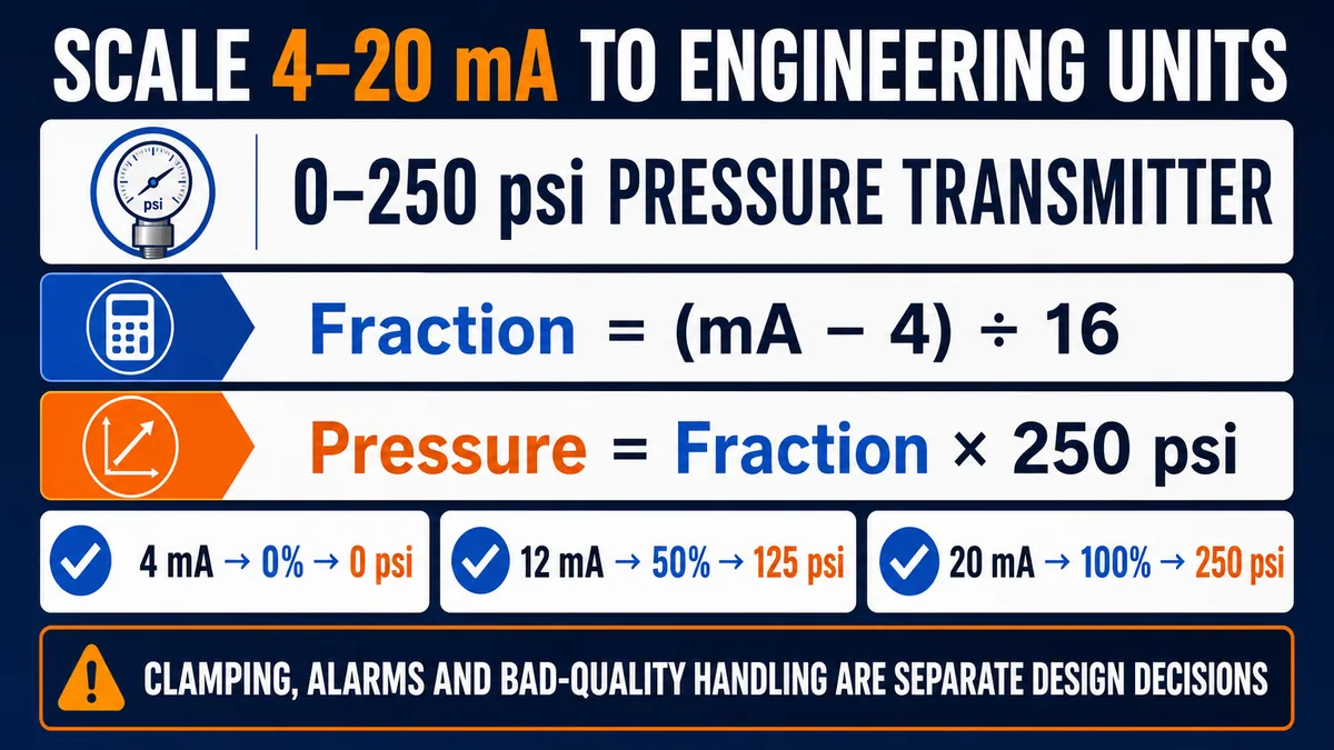 Worked calculation scaling a 4–20 mA pressure signal to 0–250 psi with verified values at 4, 12 and 20 mA