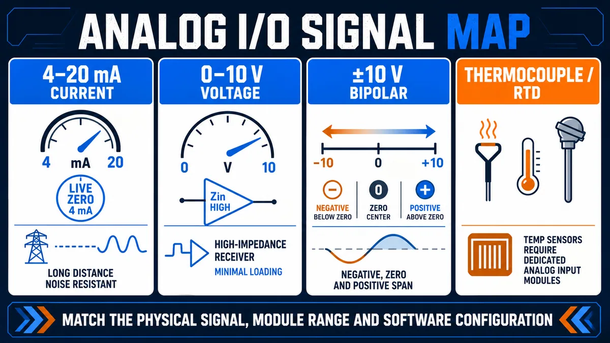 Conceptual PLC analog signal comparison for 4–20 mA current, 0–10 V voltage, bipolar voltage, thermocouple and RTD inputs
