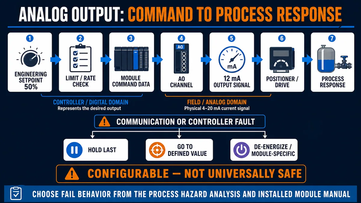 Conceptual analog output path from 50 percent engineering setpoint through module command and 12 mA signal to process response with configurable fault choices