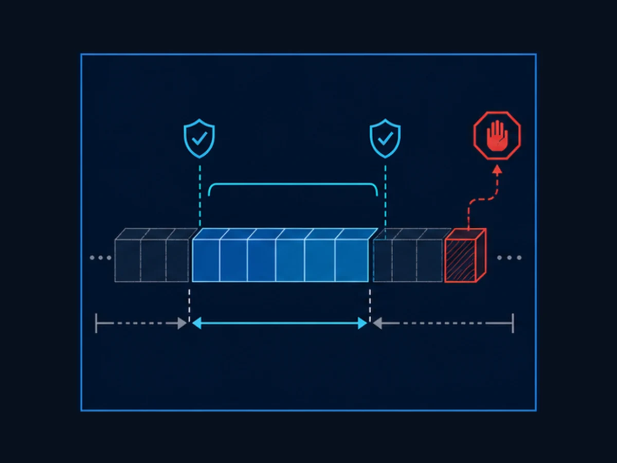Conceptual PLC memory array with a guarded valid range and an out-of-range write stopped at the boundary