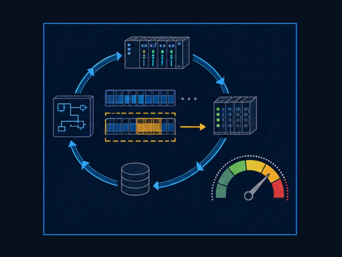 Conceptual cyclic PLC scan with a bounded array workload and task time budget gauge