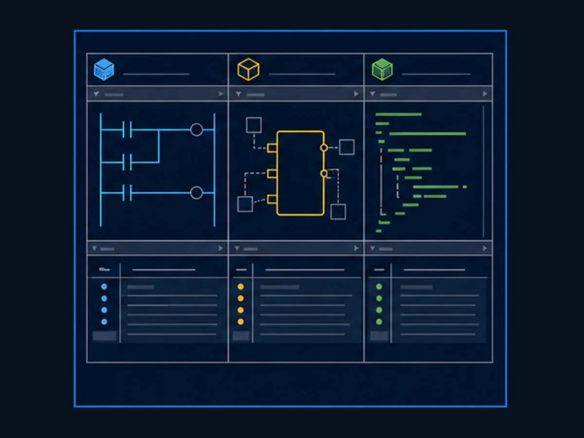 Vendor-neutral PLC engineering workbench comparing ladder file operations function blocks and Structured Text array loops