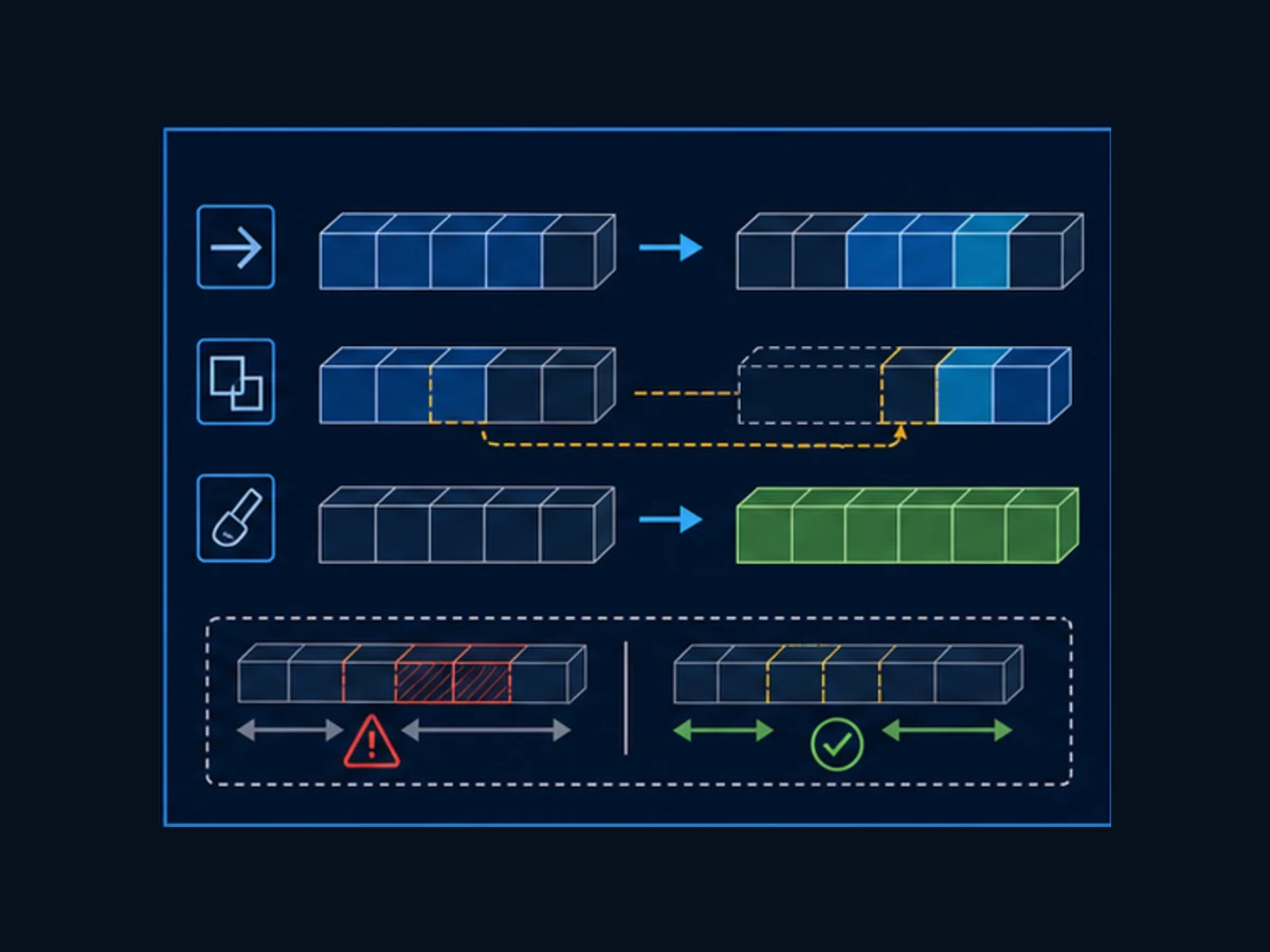 Conceptual PLC memory operations showing move copy fill and a guarded overlapping-copy boundary