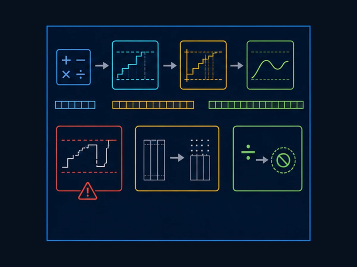 Conceptual PLC numeric pipeline with integer width, floating point, overflow, truncation and division guards