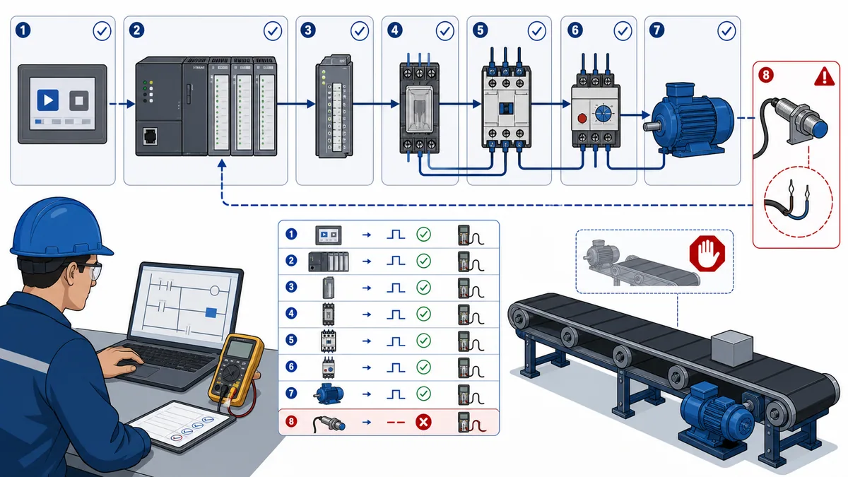 PLC technician tracing a stopped conveyor through HMI request PLC output contactor overload motor and feedback sensor evidence