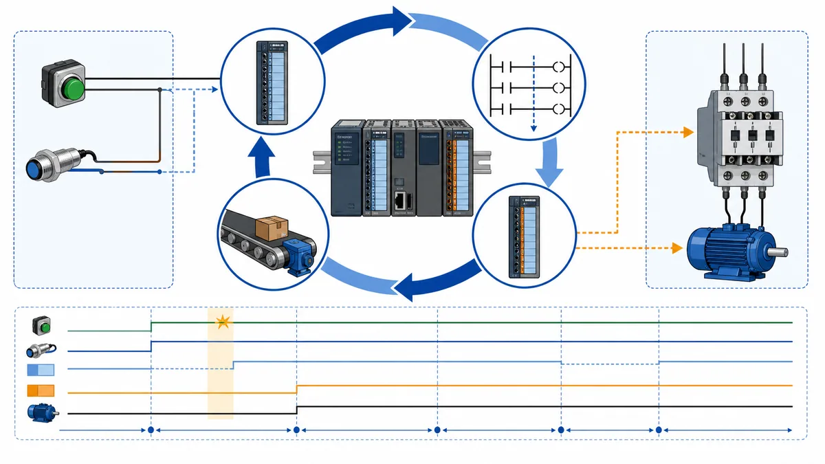 PLC scan-cycle study diagram with input sampling program execution output update and an input edge arriving after the sampling boundary
