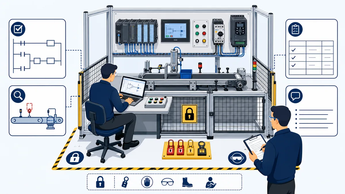 Guarded PLC conveyor assessment station with candidate assessor logic task seeded fault test rubric and safety boundary