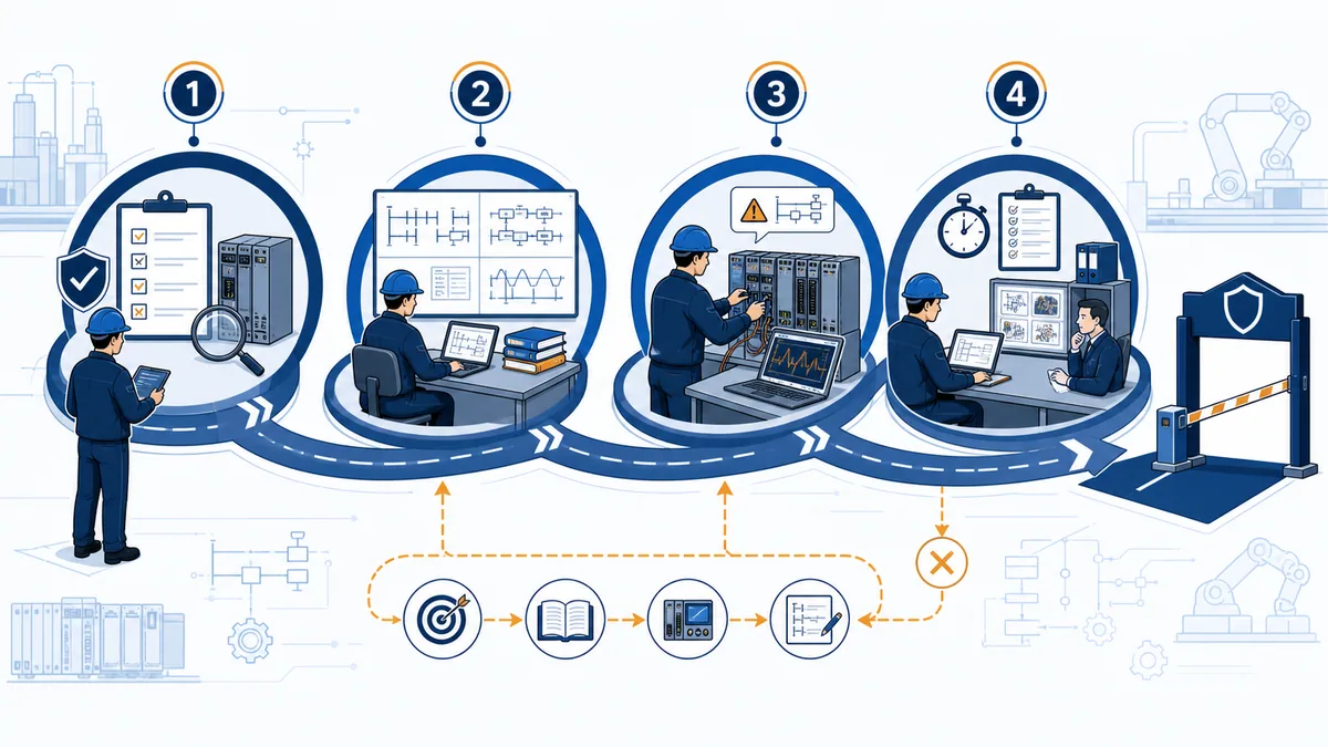 Four-phase PLC preparation roadmap from baseline through targeted study practical fault diagnosis and timed mock assessment with feedback loops