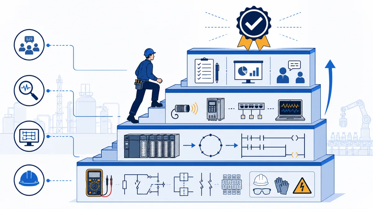 PLC technician competency stack progressing from electrical and safety foundations through logic integration troubleshooting and documented communication