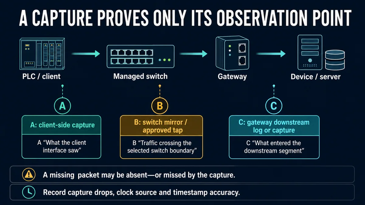 Conceptual client switch mirror and gateway-downstream capture points across a PLC communication path