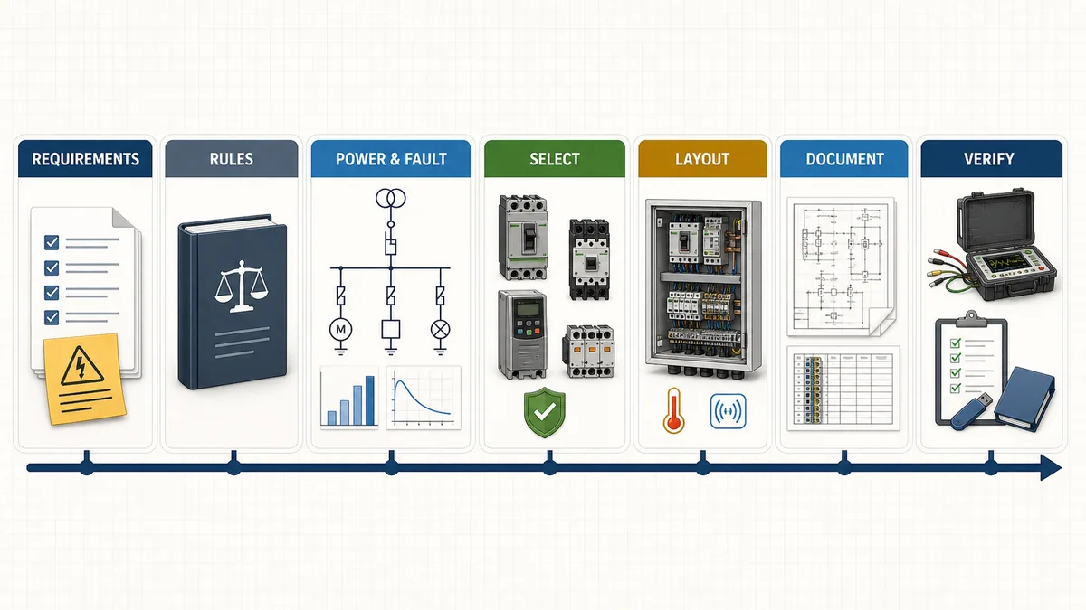 Seven-stage control-panel design workflow from requirements and applicable rules through power fault selection layout documentation and verification