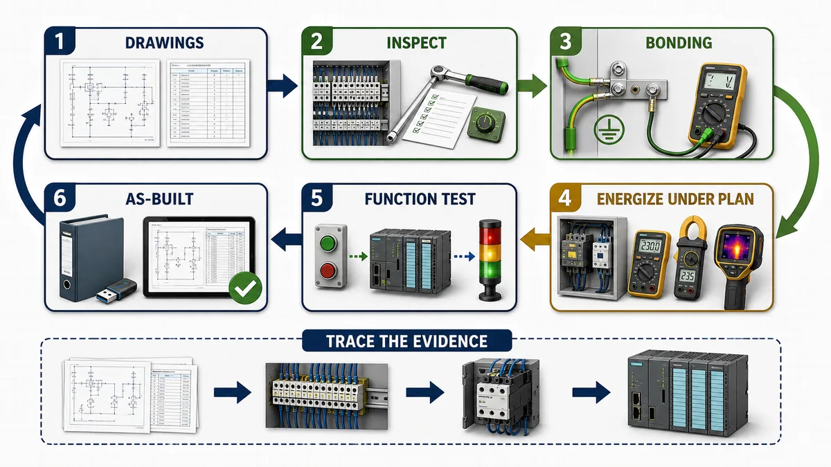 Control-panel FAT evidence loop covering drawings inspection protective bonding planned energization function testing as-built records and fault tracing