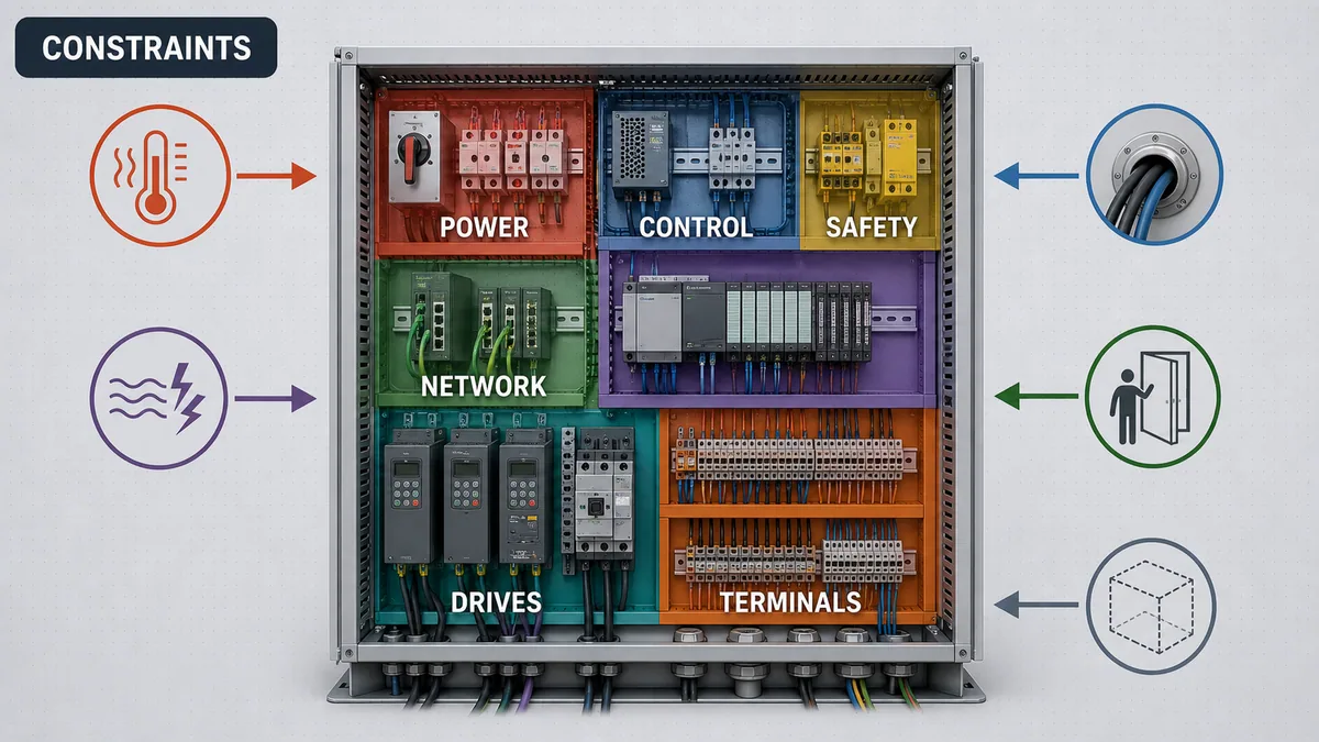 Conceptual PLC cabinet functional zones arranged around heat electromagnetic cable entry service and clearance constraints