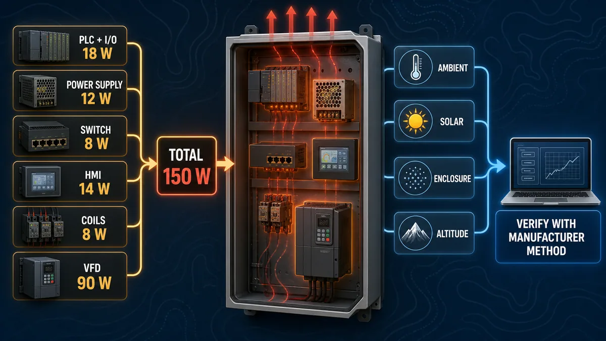 PLC panel heat-load example totaling 150 watts before ambient solar enclosure altitude and manufacturer calculation checks