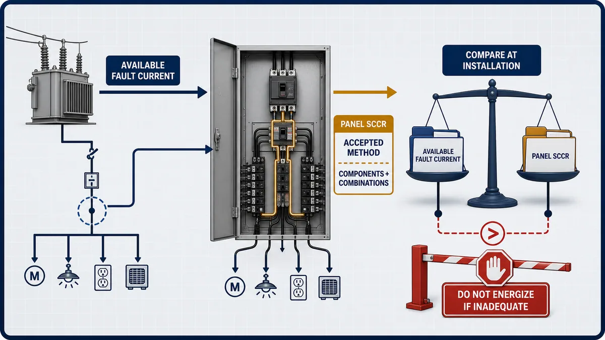 SCCR evidence path comparing available installation fault current with panel rating established from an accepted components and combinations method