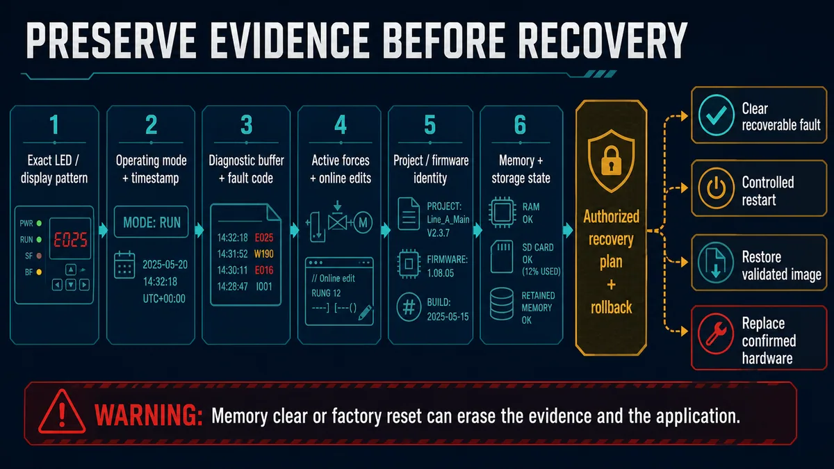 Conceptual evidence checklist before an authorized PLC controller recovery action or hardware replacement