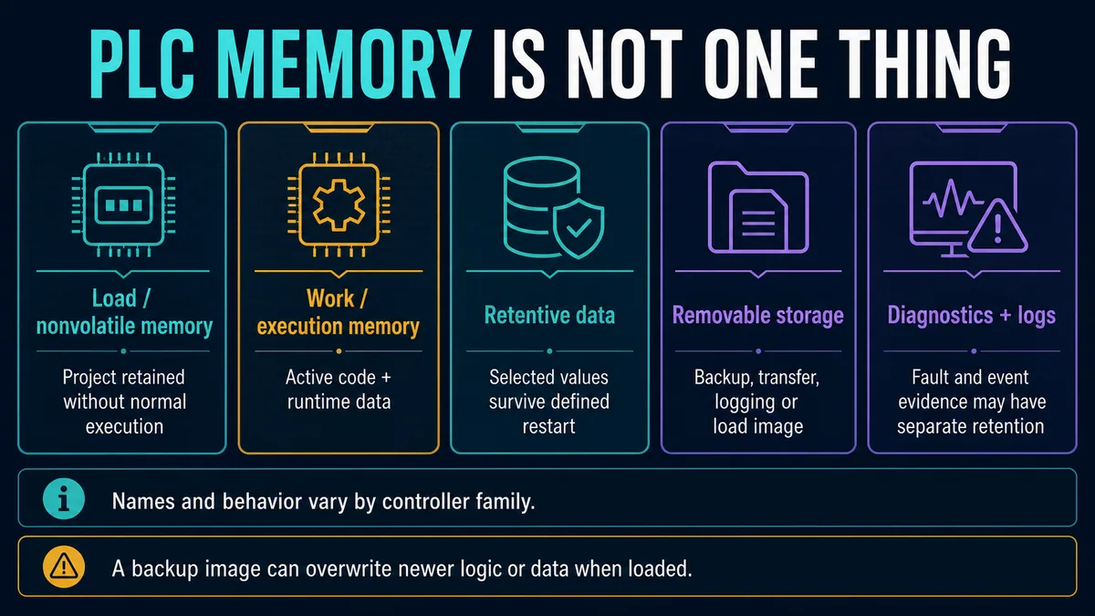 Five conceptual PLC memory domains covering nonvolatile load execution retentive removable storage and diagnostic logs