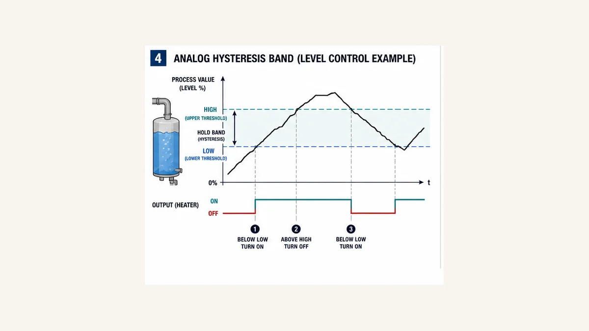 Analog PLC hysteresis band with low turn on threshold high turn off threshold and retained state between them