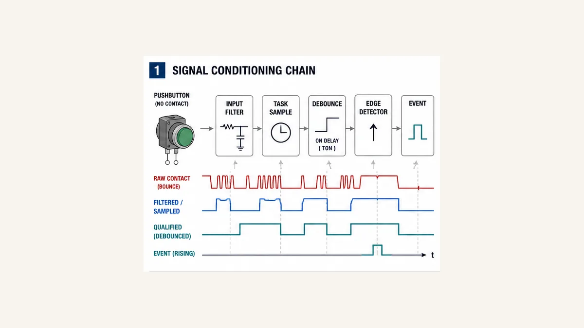 PLC signal conditioning chain from bouncing pushbutton through input filter task sample debounce edge detector and one clean event