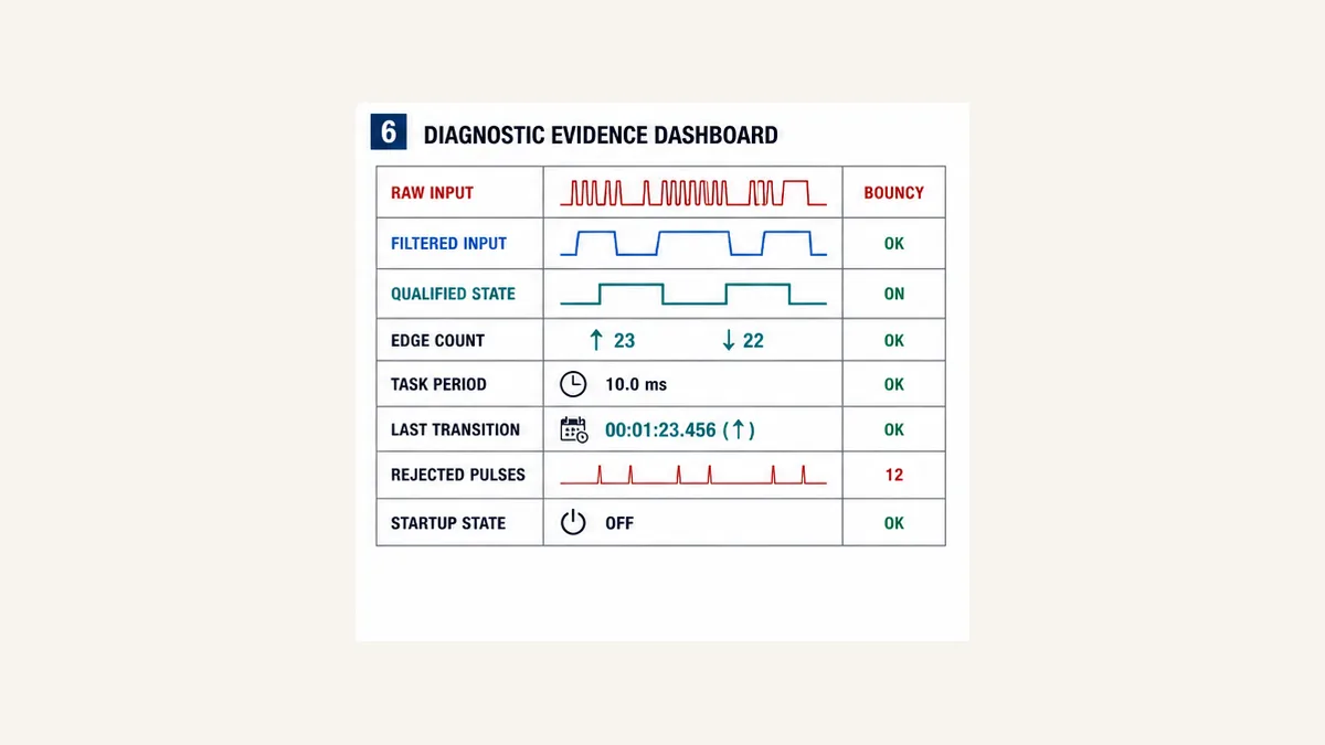 PLC signal diagnostic dashboard showing raw filtered qualified edge count task period transitions rejected pulses and startup state