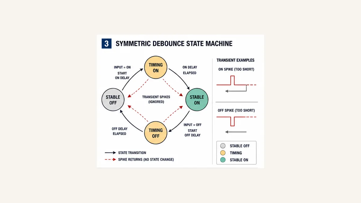 Symmetric PLC debounce state machine with stable off timing on stable on and timing off states