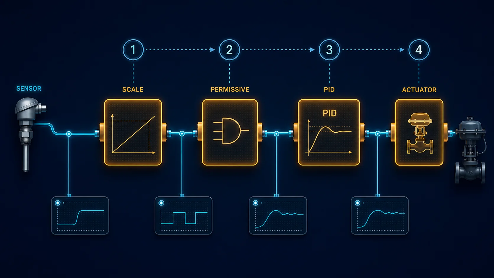 Function Block Diagram signal flow from sensor through scale, permissive and PID blocks to an actuator with execution probes