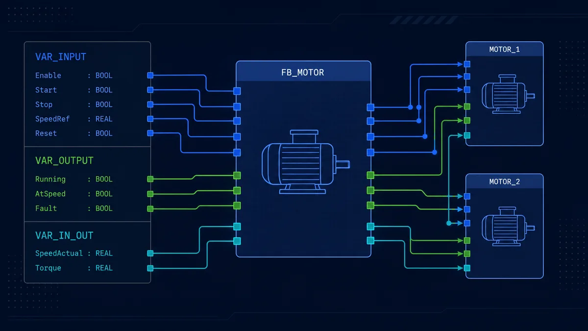 PLC motor function block showing input, output and in-out interface groups feeding two motor instances
