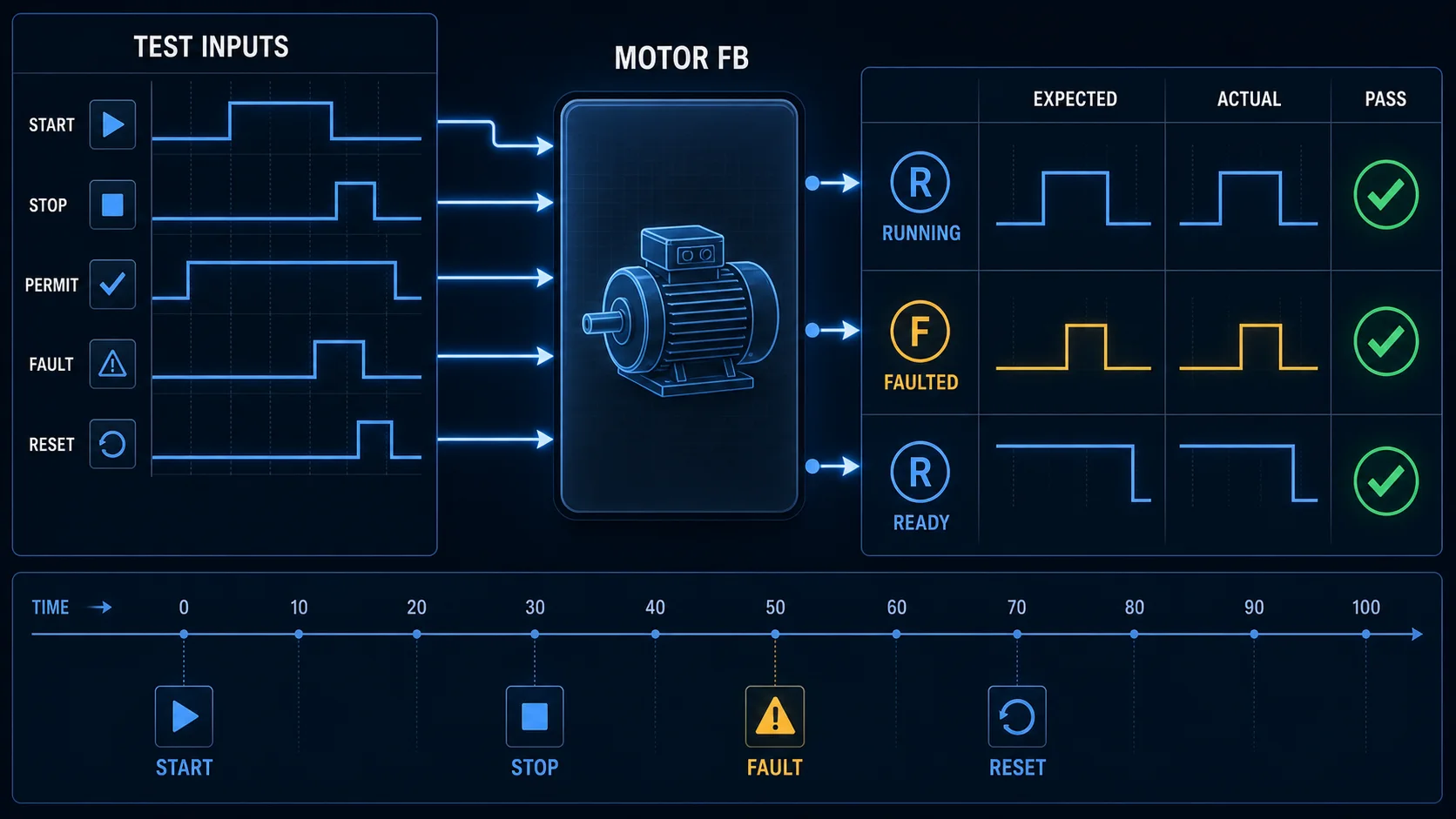 PLC function block test bench comparing expected and actual motor block outputs for start, fault and reset input sequences