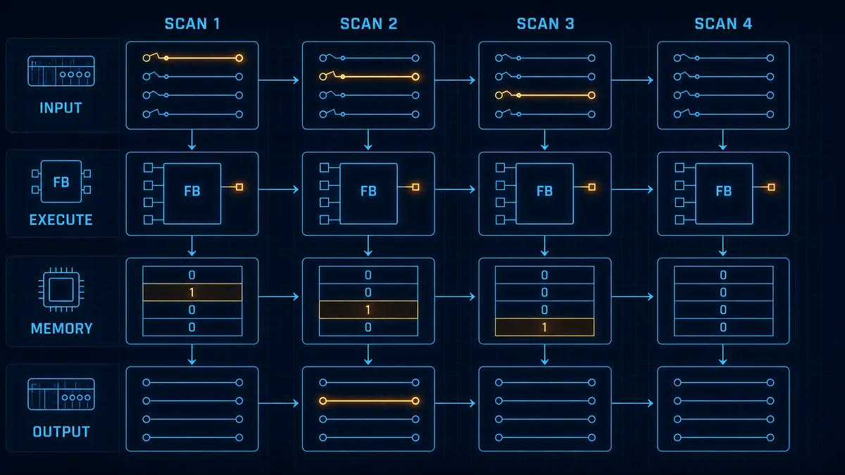 Four PLC scans showing input sampling, function block execution, retained memory update and one-scan output