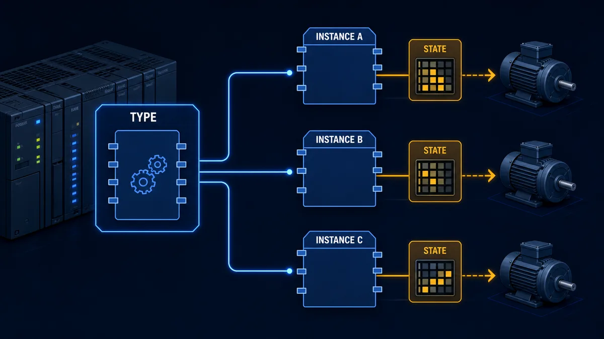 One PLC function-block type connected to three motor instances, each with independent retained state