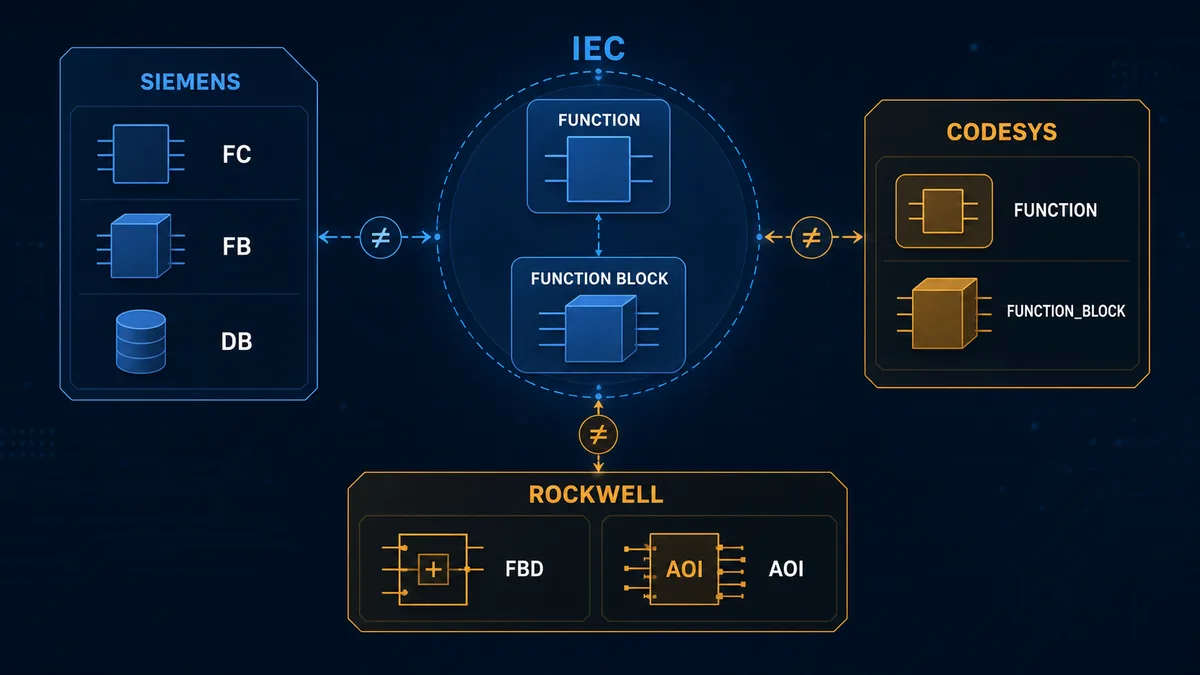 Conceptual comparison of IEC functions and function blocks with Siemens FC FB DB, CODESYS Function Block, and Rockwell FBD instruction and AOI