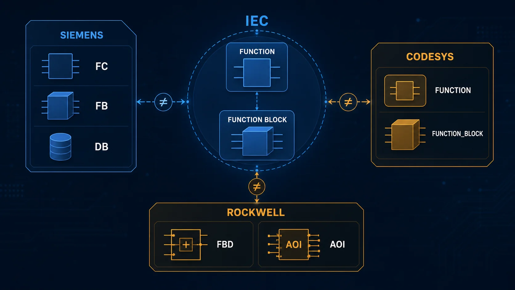 Conceptual comparison of IEC functions and function blocks with Siemens FC FB DB, CODESYS Function Block, and Rockwell FBD instruction and AOI