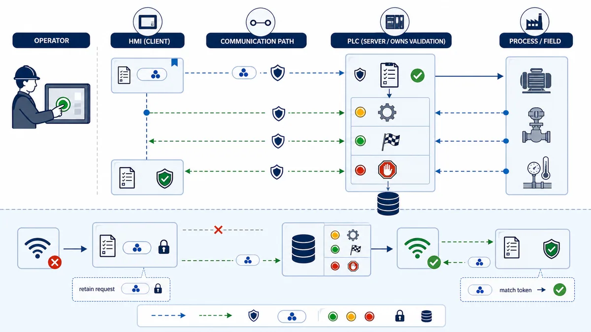 Operator HMI PLC and process sequence showing a retained command request PLC validation accepted busy done and rejected states plus safe reconnect reconciliation