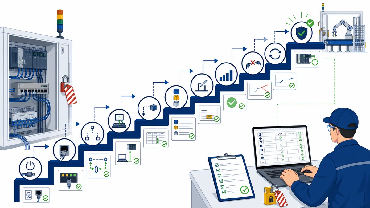 Technician commissioning a PLC and HMI through layered tests from power link and route through tags handshakes load loss restart and process proof