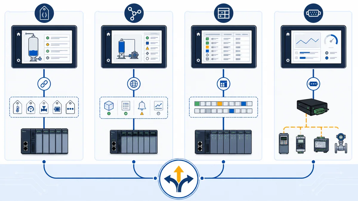 Four PLC–HMI connection patterns using symbolic controller tags OPC UA typed nodes Modbus registers and a serial gateway
