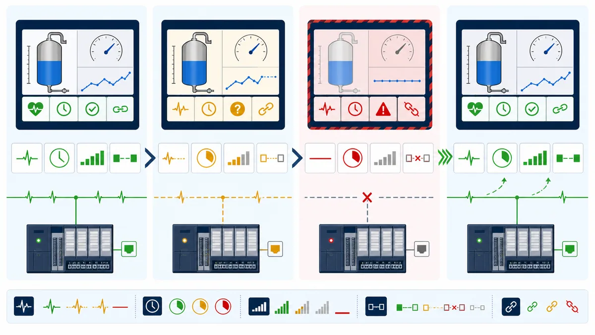 HMI and PLC data progressing from live through delayed and stale bad quality states to a verified recovered state