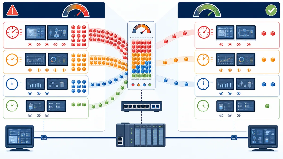 Comparison of congested uniform HMI polling with balanced fast normal slow and on-demand update groups sharing a limited PLC communication queue